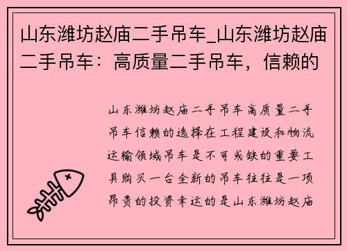 山东潍坊赵庙二手吊车_山东潍坊赵庙二手吊车：高质量二手吊车，信赖的选择