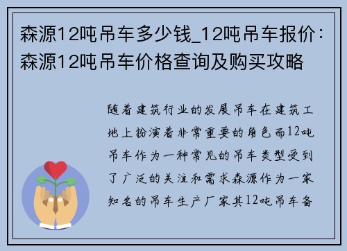 森源12吨吊车多少钱_12吨吊车报价：森源12吨吊车价格查询及购买攻略